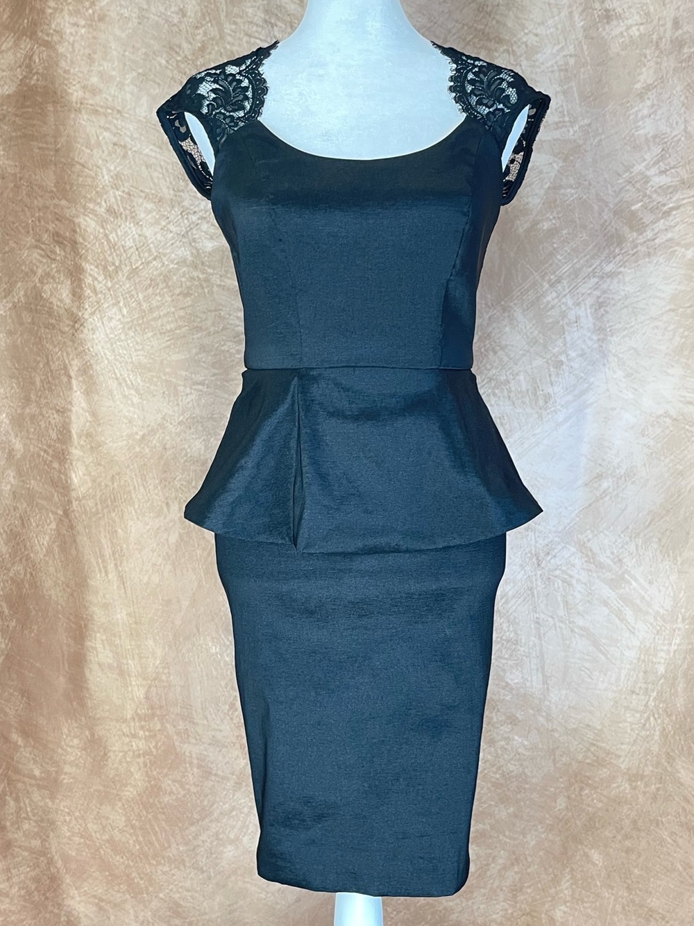 Cache Black Peplum Sheath Dress with Lace Cap Sleeves size 2